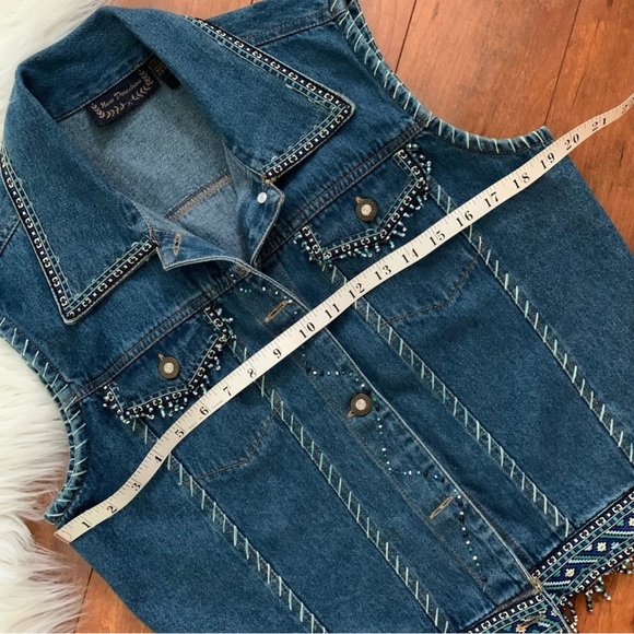 Vintage Beaded Denim Vest with Aztec Embroidered Trim - Picture 9 of 10